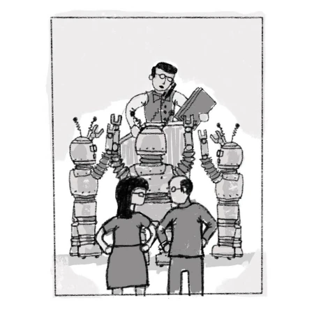 Whimsical cartoon illustration of three robots, a bespectacled man with paperwork, and a couple, all rendered in grayscale tones.