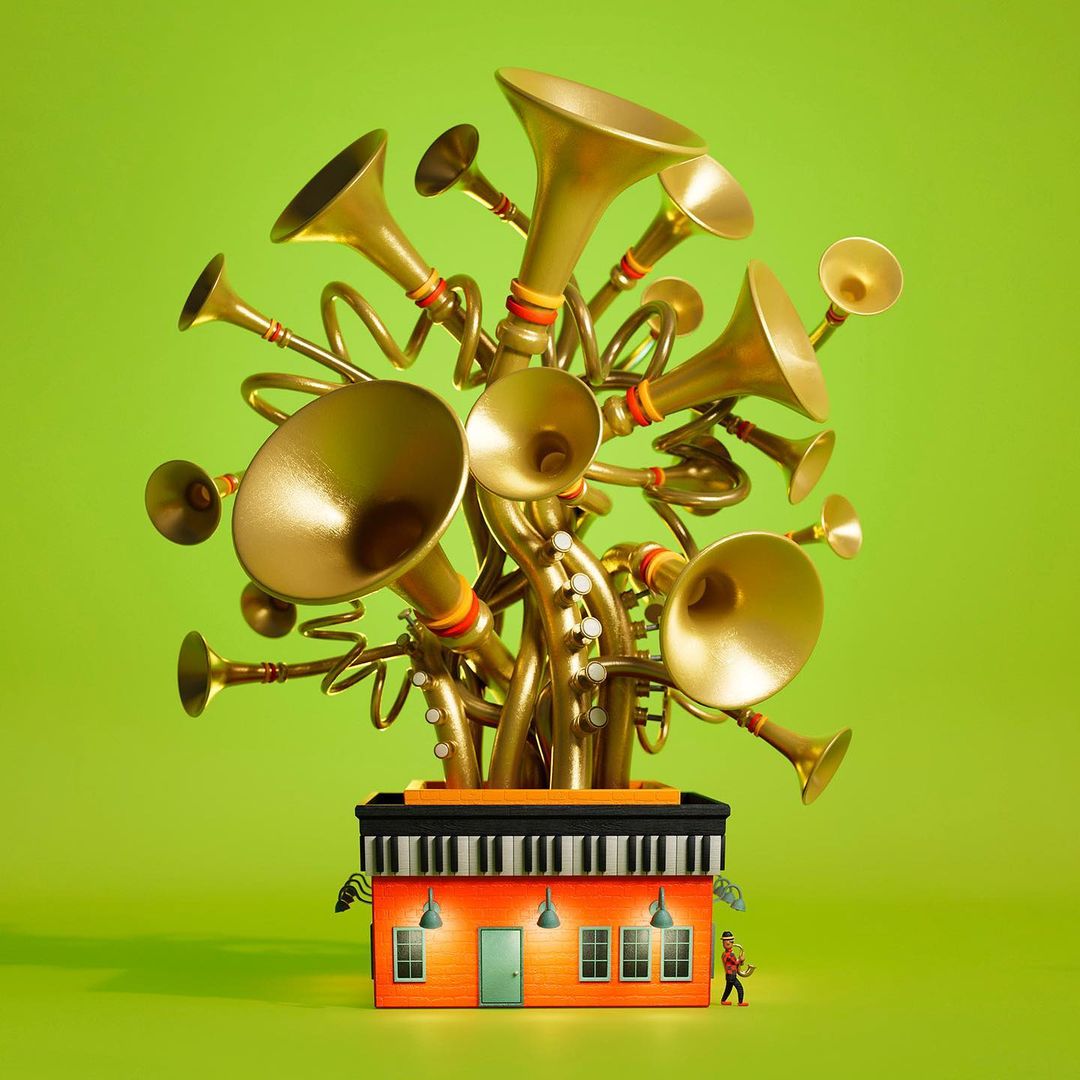 Surreal image showcasing a building topped with piano keys and a cluster of gold trumpets, set against a vibrant green backdrop.