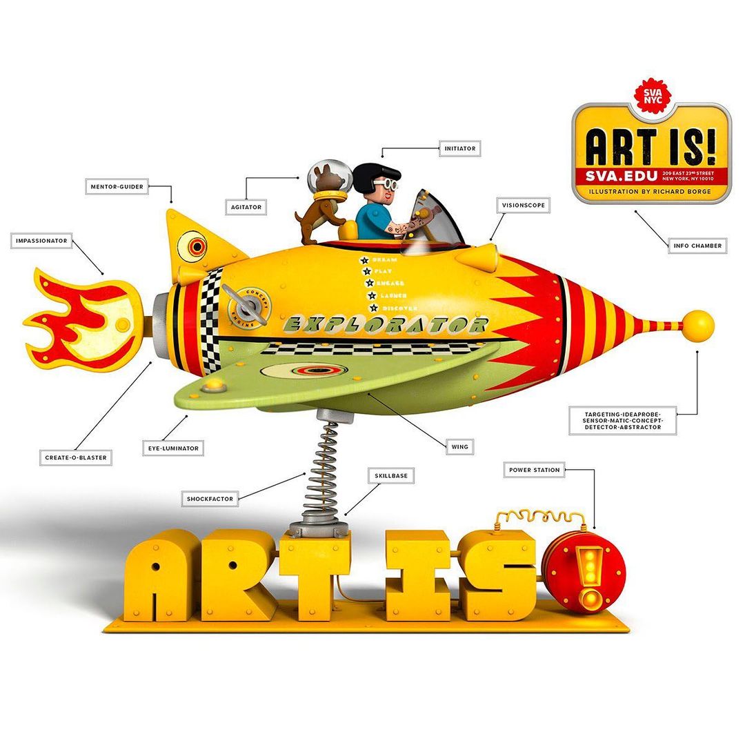 Cartoon rocket ship labeled 'EXPLORATOR' carrying a boy and dog, standing on yellow 3D letters spelling 'ART IS' against white.