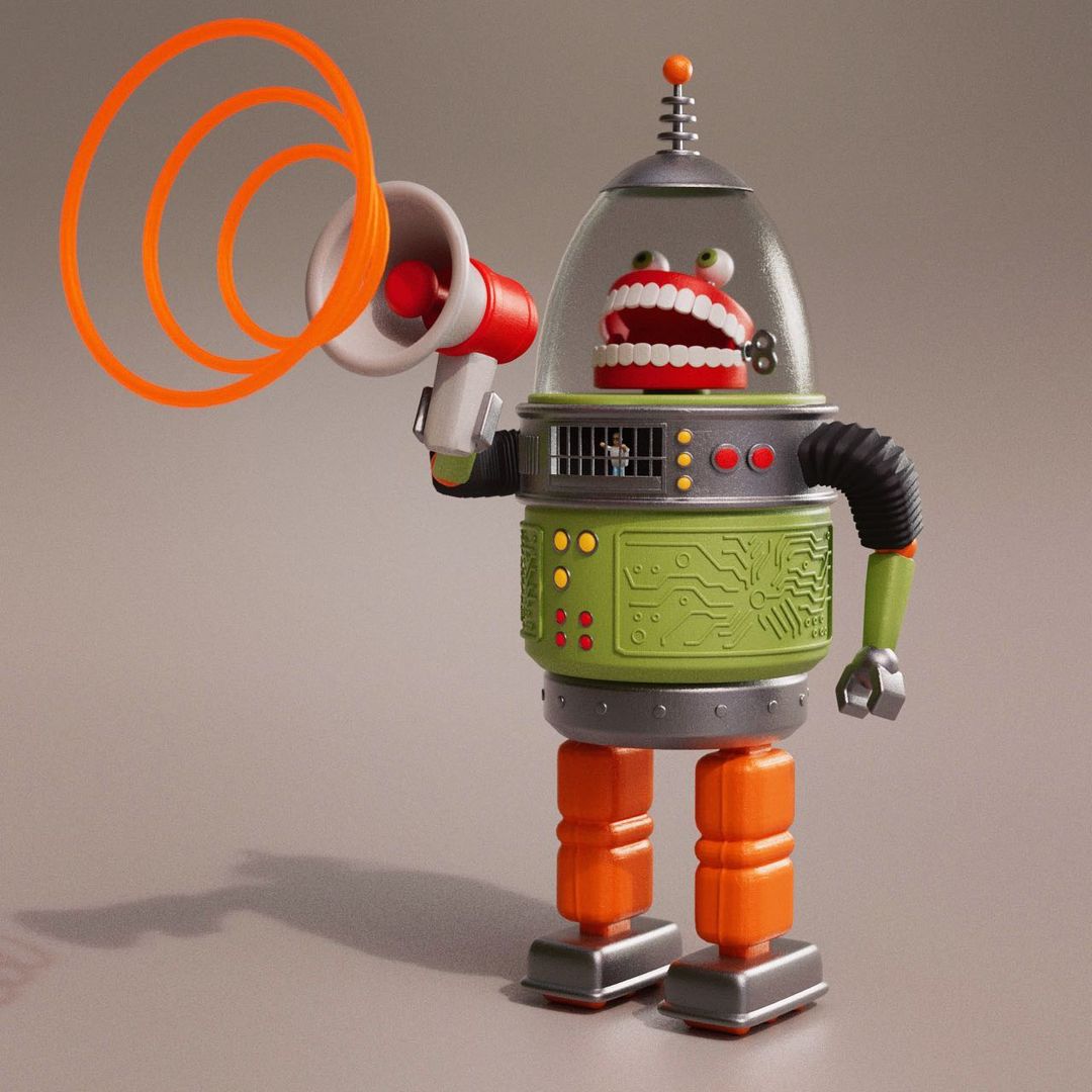 Whimsical robot character with a megaphone and wind-up key, standing against a neutral backdrop in a digital art style. 