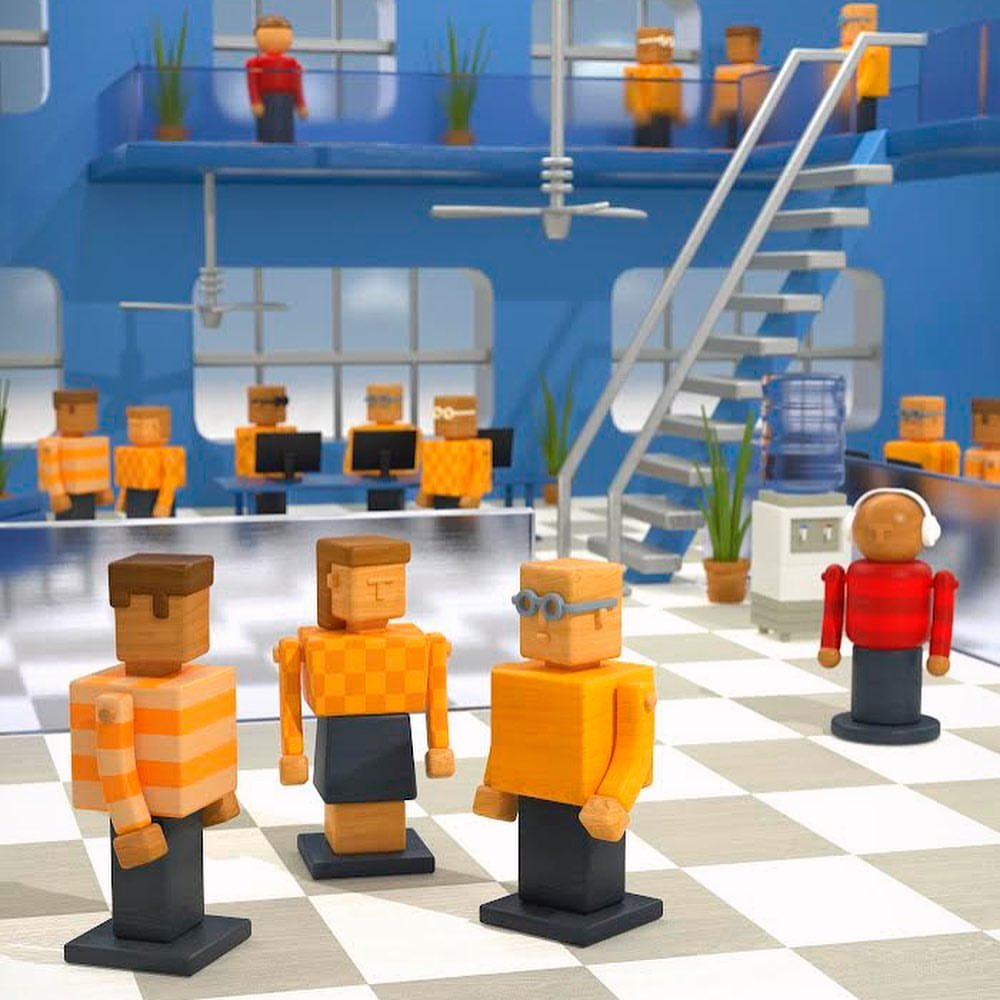 3D-rendered office scene with blocky human figures, a water cooler, and indoor plants against a blue and white color scheme.