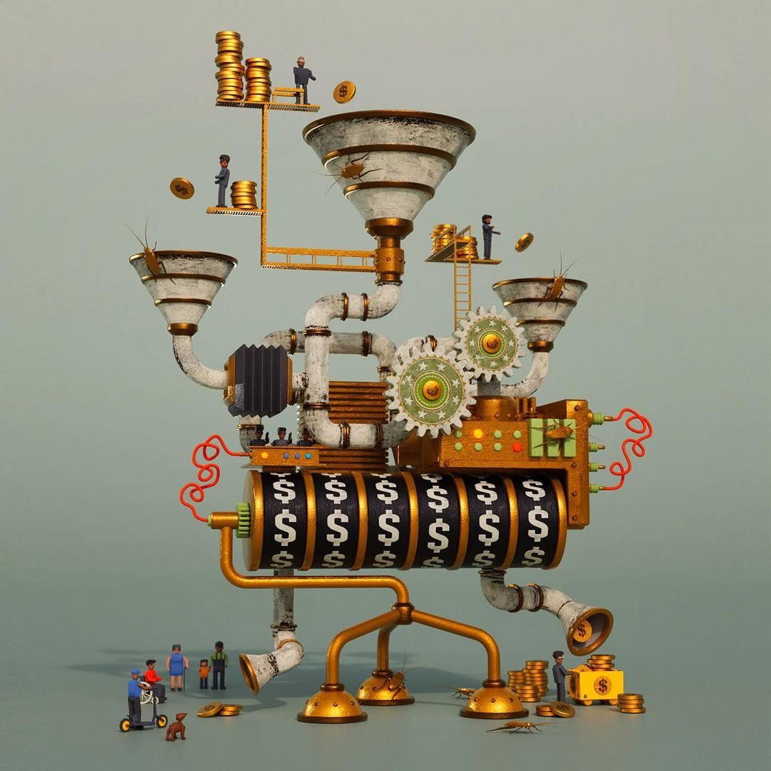 Intricate machine illustration with miniature figures, gold coins, and dollar symbols, showcasing a creative concept and complex design elements.