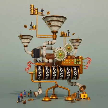 Intricate machine illustration with miniature figures, gold coins, and dollar symbols, showcasing a creative concept and complex design elements.