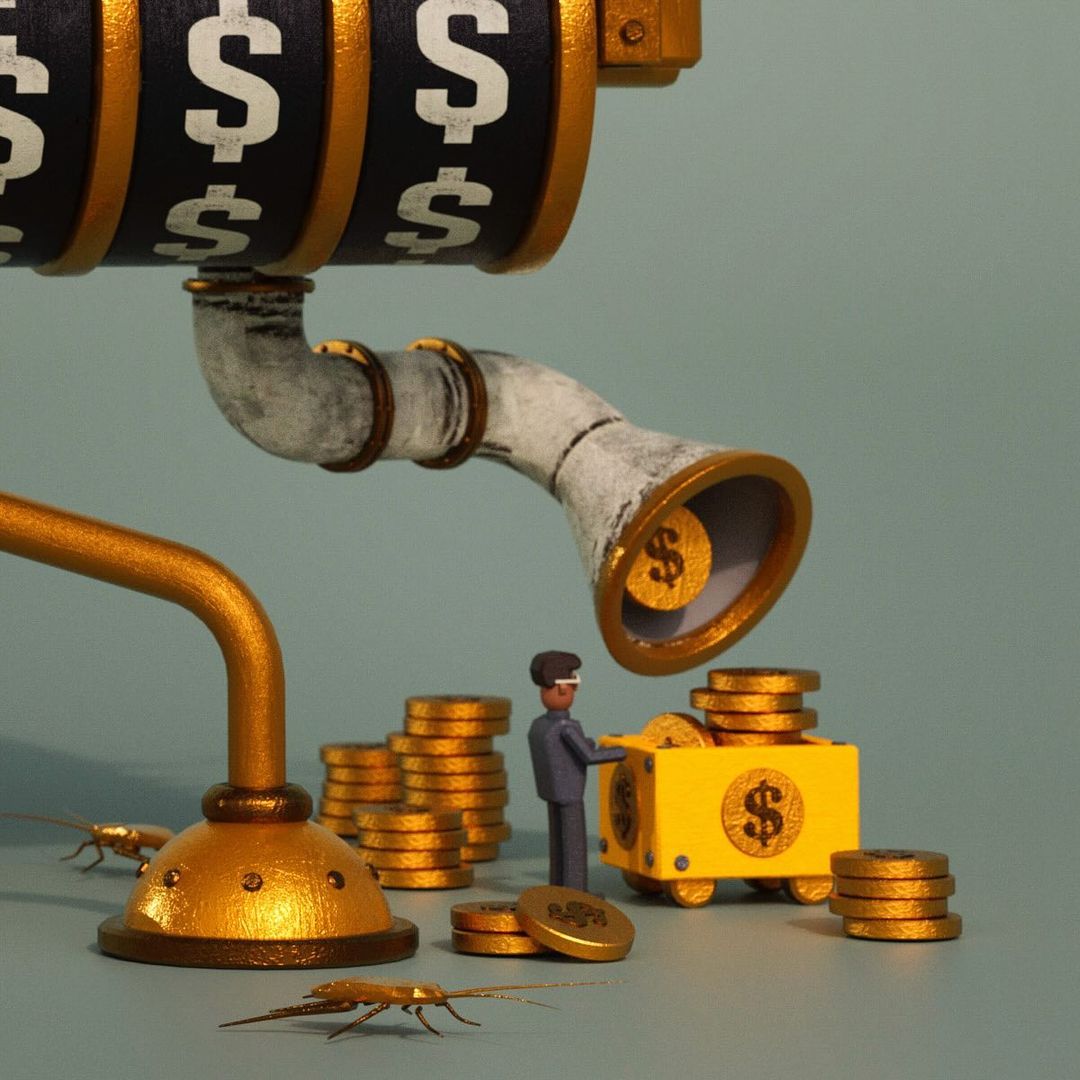Conceptual image of a man pushing a yellow cart full of gold coins under a money machine, with golden cockroaches on a blue backdrop.