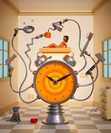 Illustration of a Rube Goldberg-esque alarm clock with mechanical arms serving breakfast to a woman and including a dog.