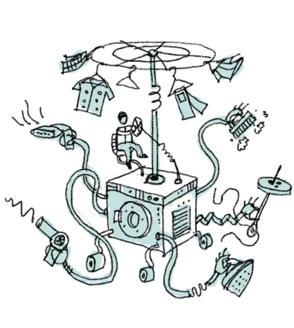 Illustration of a complex laundry machine with attached appliances and a figure operating it, set against a white background.