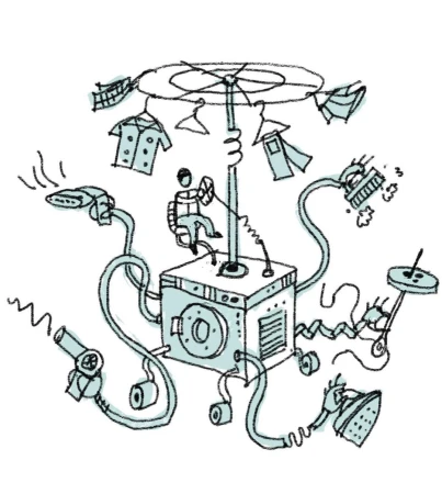 Illustration of a complex laundry machine with attached appliances and a figure operating it, set against a white background.