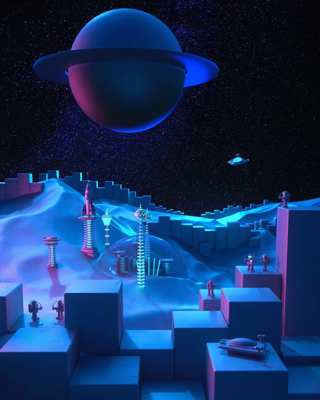 CGI image of a blue science fiction cityscape with blocky buildings, with a blue planet above and stars in the night sky background.