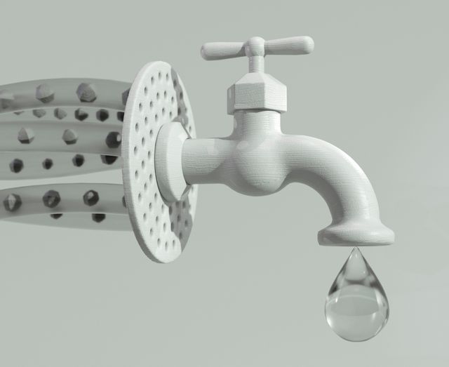 White tap with a droplet, clean water concept, plumbing fixture on a pale gray background, minimalistic design, bathroom fixture.