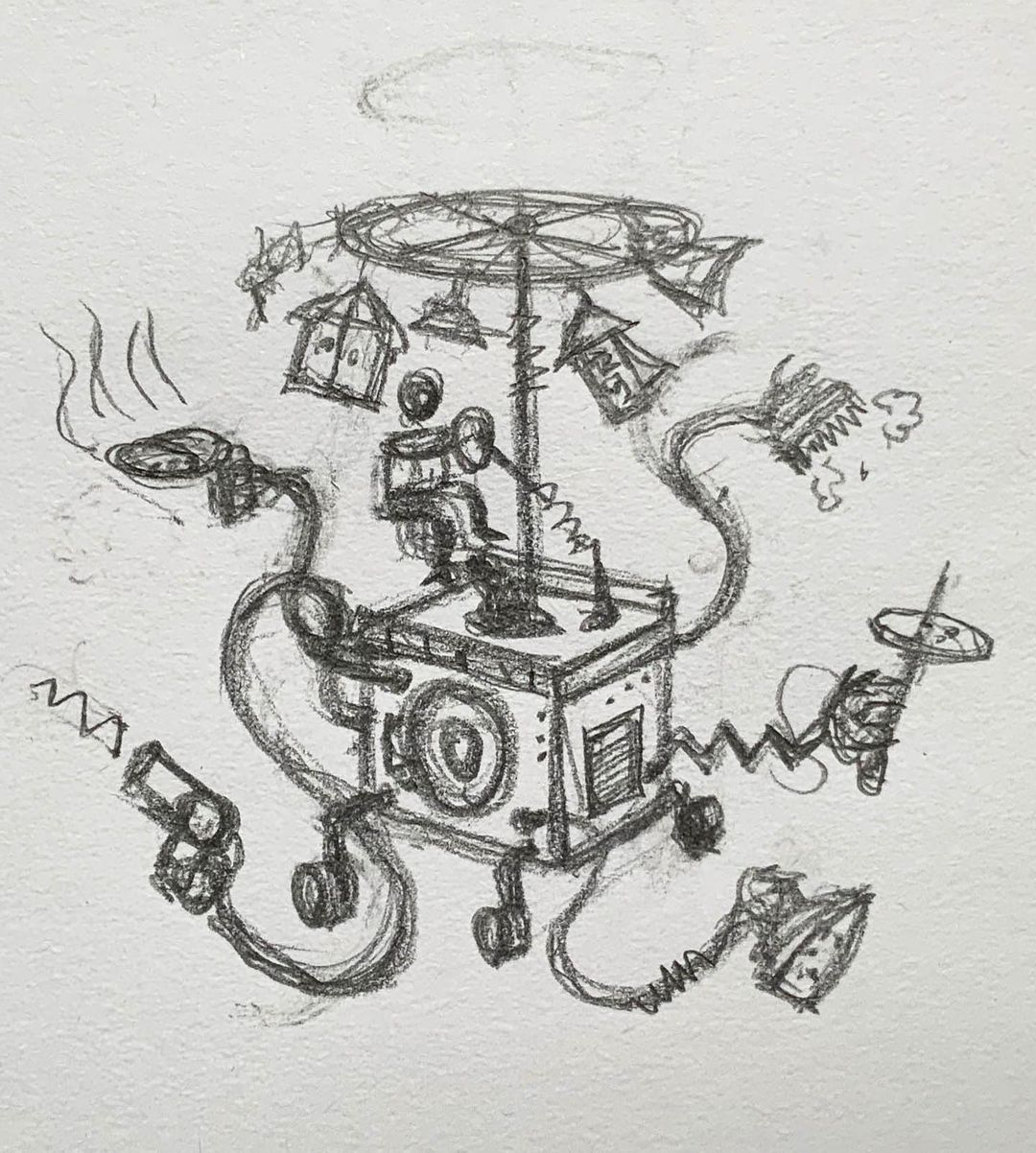 Detailed graphite sketch of a whimsical, fantastical contraption with smoking frying pan, gun, and a person piloting the machine.