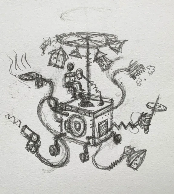 Detailed graphite sketch of a whimsical, fantastical contraption with smoking frying pan, gun, and a person piloting the machine.