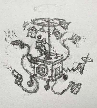 Detailed graphite sketch of a whimsical, fantastical contraption with smoking frying pan, gun, and a person piloting the machine.
