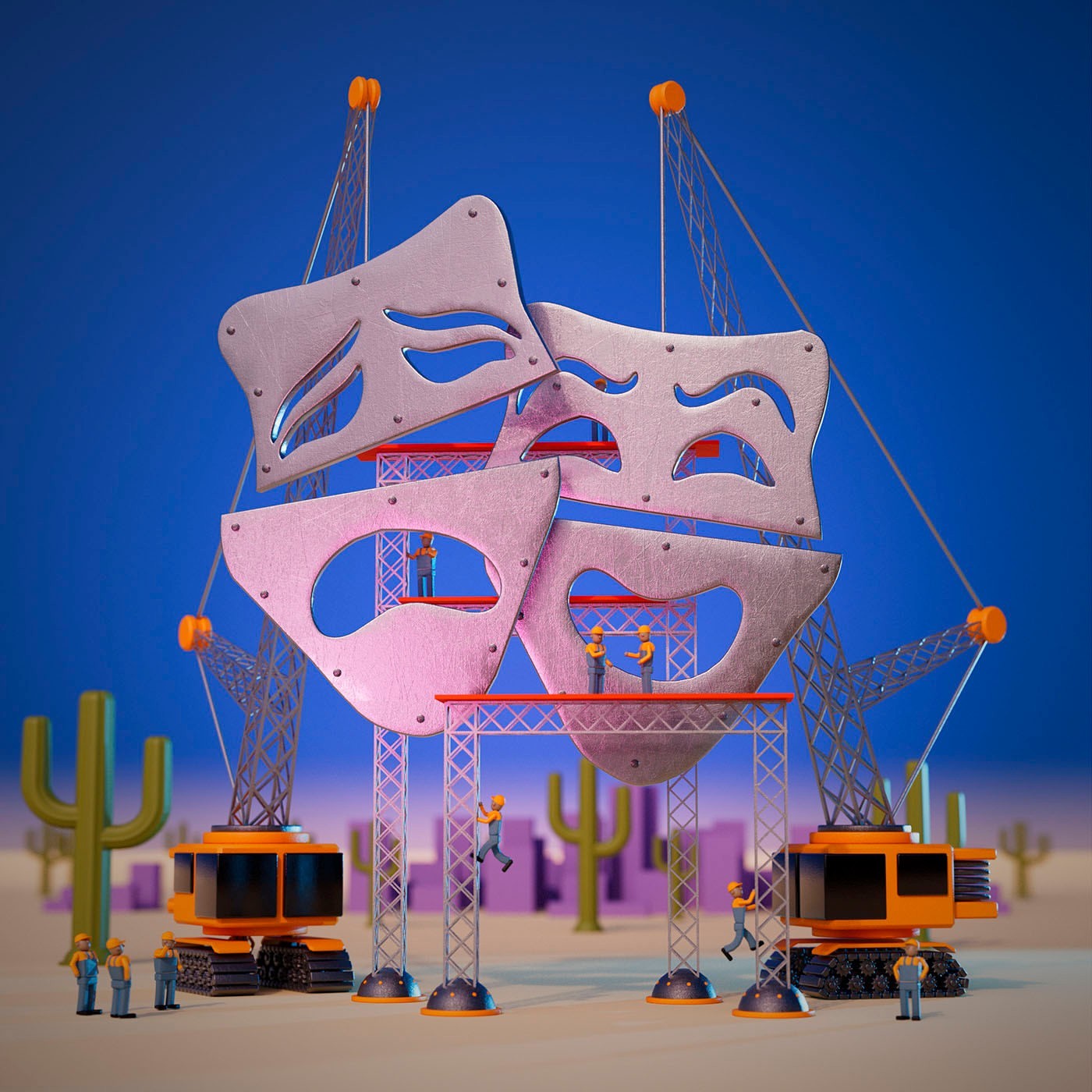 Miniature construction scene of theatre masks being assembled by miniature construction workers with equipment in a desert setting.