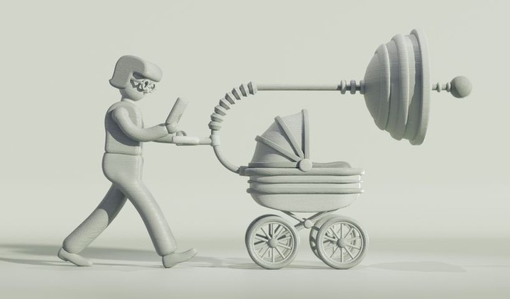 Illustration of a humanoid figure walking and pushing a futuristic baby stroller with an attached satellite-shaped object on a white background.