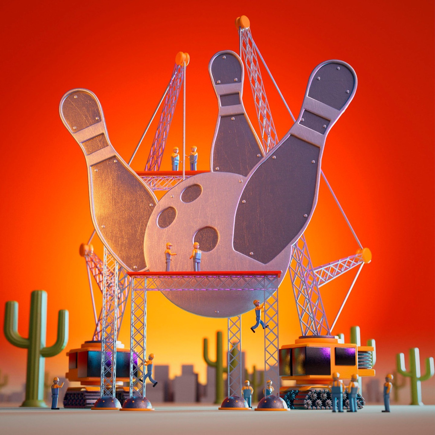 Whimsical CGI image of bowling pins and a ball being assembled by miniature construction workers in a desert landscape with cacti.