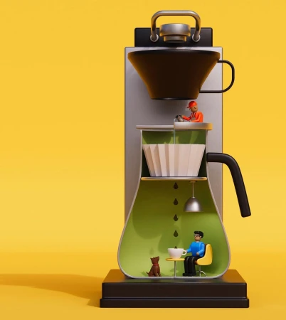 Whimsical image of a stylized coffee maker with miniature human figures, a dog, and a cup, set against a bright yellow background.