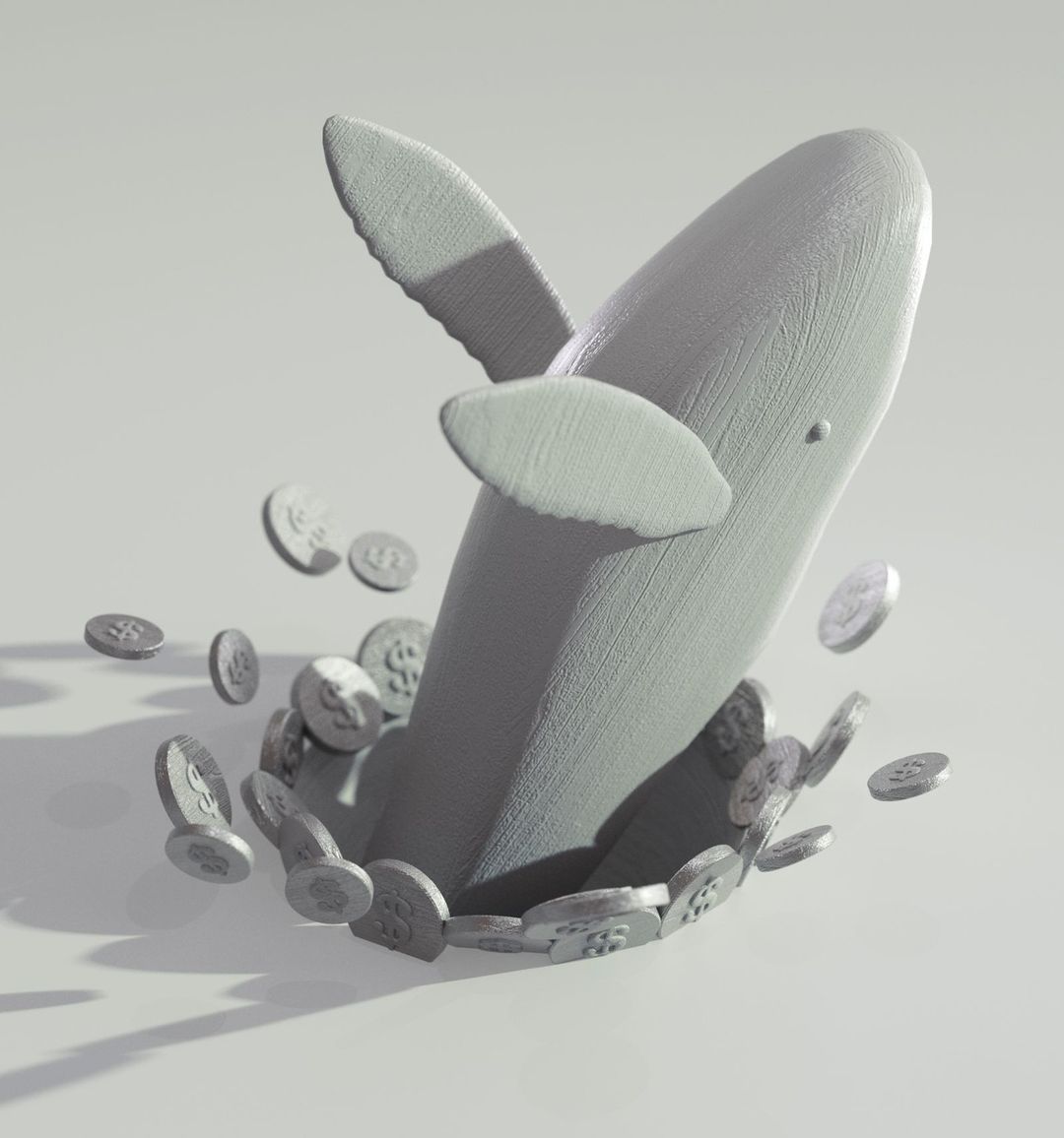 3D rendering of a whale emerging from a group of dollar coins against a white background, creating a visually striking composition.