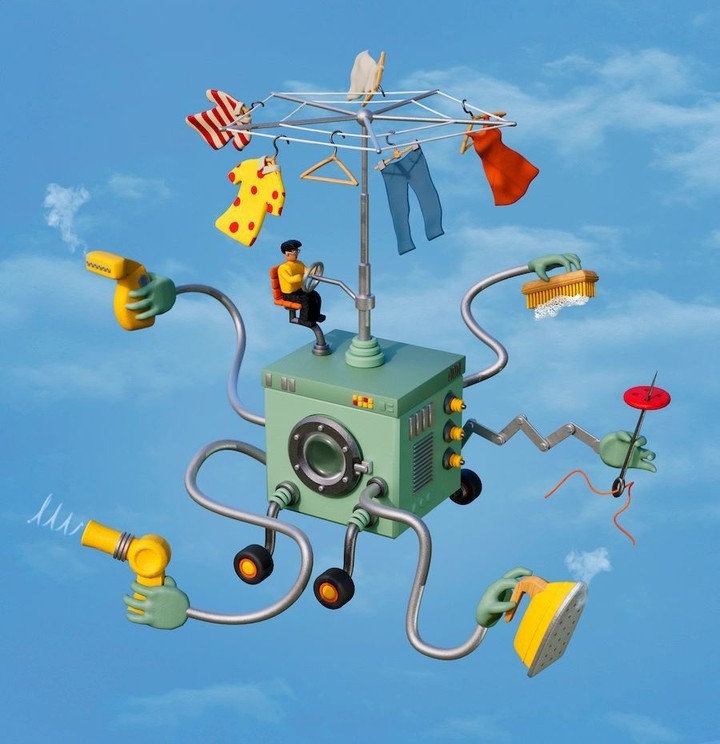 Whimsical illustration of a washing machine with robotic arms, doing laundry, set against a blue sky backdrop with clouds.