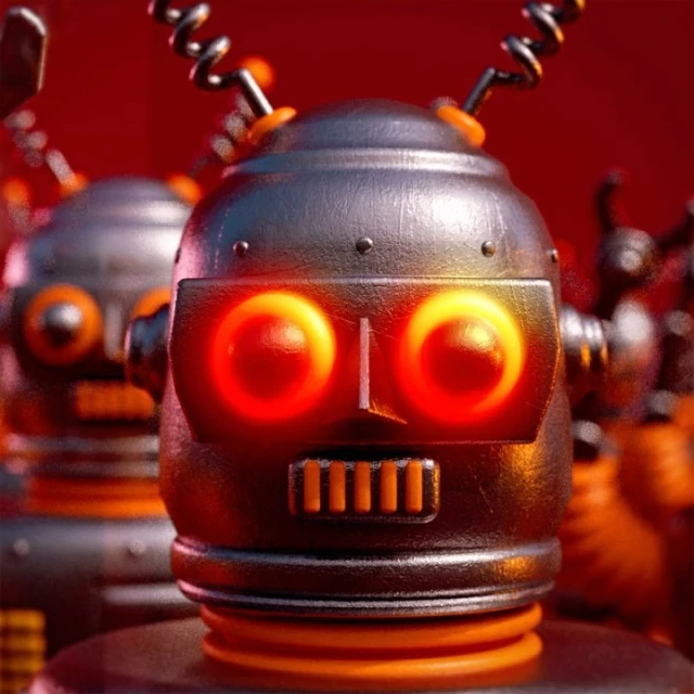 Digital rendering of robot figures with illuminated eyes, set against a vibrant red backdrop. The metallic textures and design evoke retro style.
