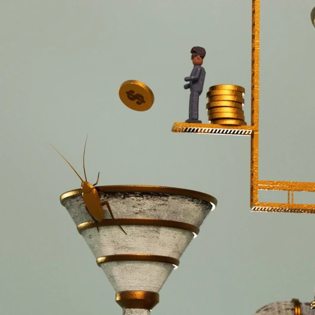 Conceptual CGI artwork shows a cockroach at the base of a martini glass beneath a stack of gold coins and a miniature suited figure.