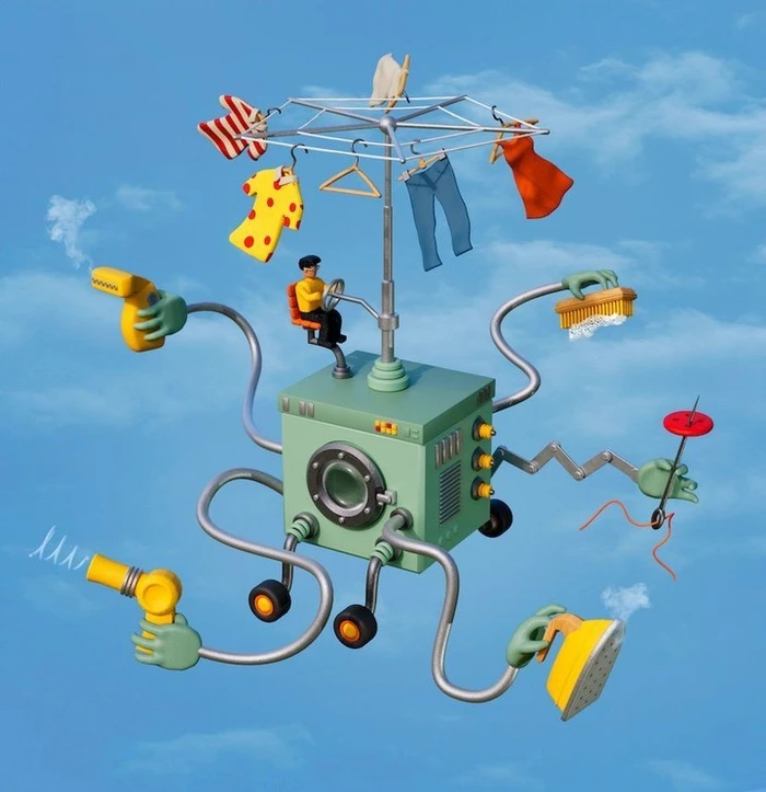 Surreal 3D illustration of a flying green washing machine with robotic arms holding laundry tools, suspended against a blue sky.
