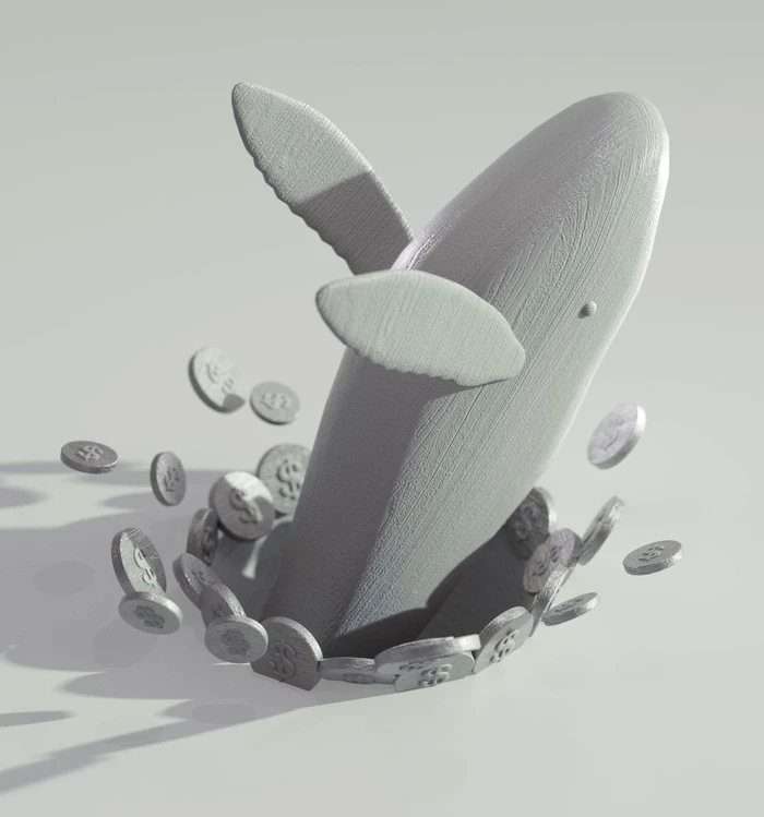 A 3D rendered grey whale breaching out of a flat surface surrounded by flying dollar coins, created by Richard Borge.