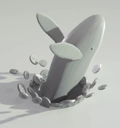 A 3D rendered grey whale breaching out of a flat surface surrounded by flying dollar coins, created by Richard Borge.