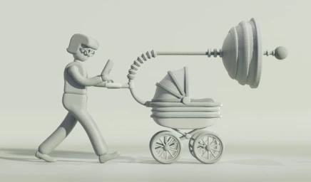 Monochromatic 3D illustration of a figure pushing a futuristic baby stroller with a large funnel attachment