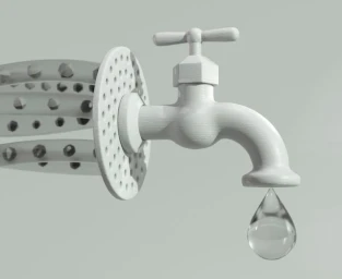 White water faucet against a plain neutral background with a single transparent water droplet suspended underneath.