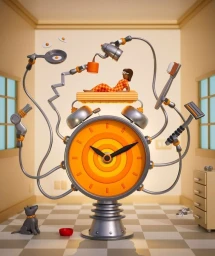 3D rendered illustration by Richard Borge featuring an elaborate mechanical alarm clock with robotic arms tending to a figure in bed.
