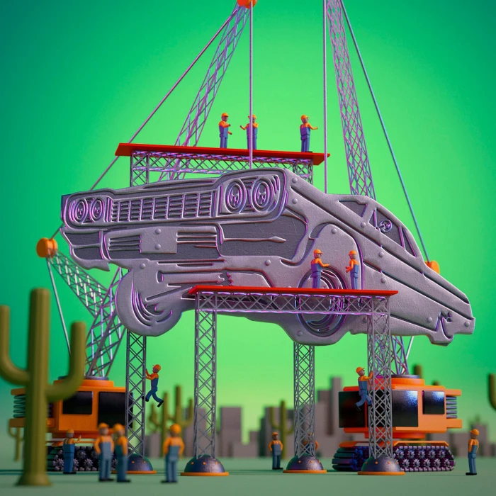 Miniature construction workers building a metallic car sculpture on scaffolding by Richard Borge