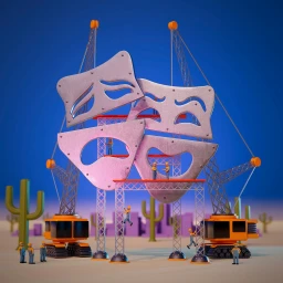 Miniature construction workers building large theatrical comedy and tragedy masks with cranes in a desert scene.