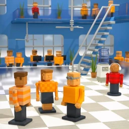 Wooden toy figures in an office setting created by illustrator Richard Borge