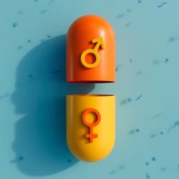 A split orange and yellow pill with male and female gender symbols against a blue background, illustrated by Richard Borge.