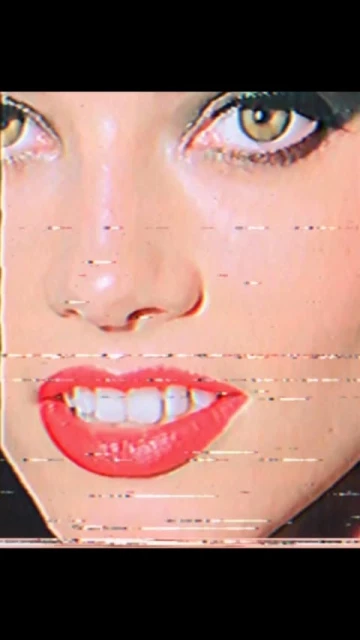 Close-up of a woman's face with bright red lipstick, dark eye makeup, and a retro, distorted visual effect creating a vintage aesthetic.