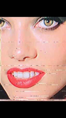 Close-up of a woman's face with bright red lipstick, dark eye makeup, and a retro, distorted visual effect creating a vintage aesthetic.
