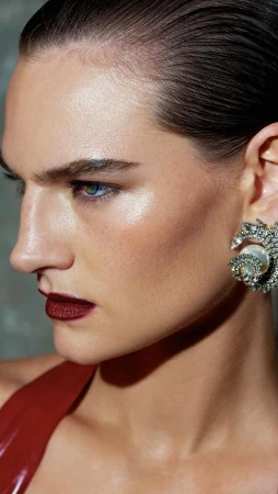 Close-up portrait of a woman with slicked-back dark hair wearing dark red lipstick and a statement rhinestone earring by Rayan Ayash.