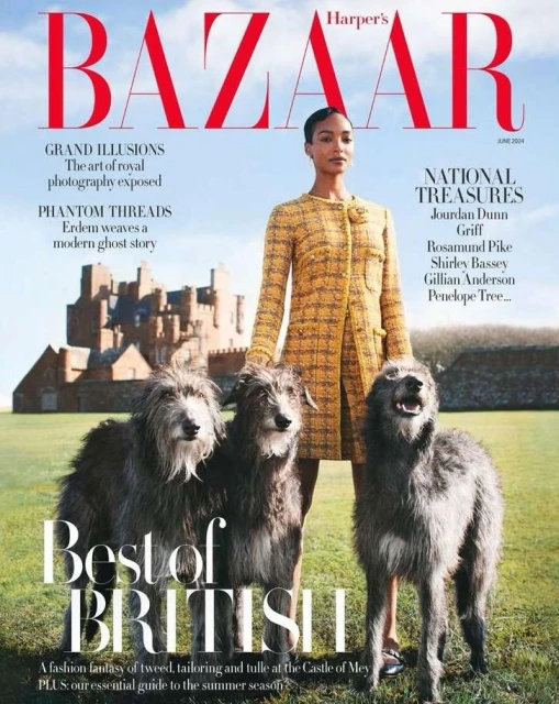 Magazine cover featuring Jourdan Dunn in tweed, with three Irish Wolfhounds and castle backdrop, Harper's Bazaar.