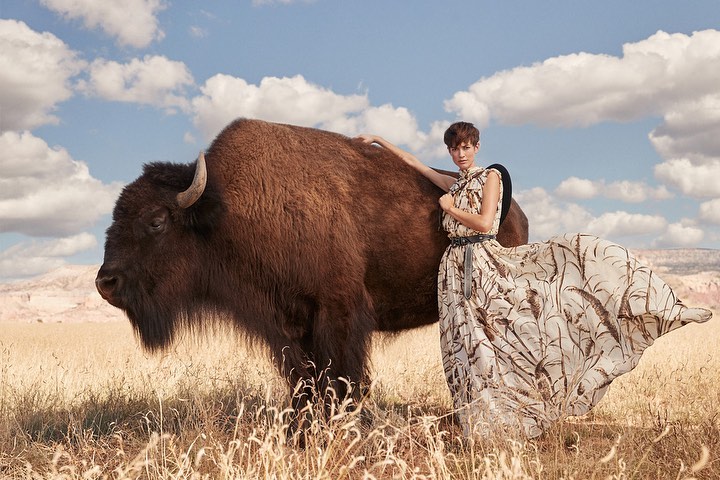 A woman in a long patterned dress stands next to a large bison in a grassy field under a partly cloudy sky in an outdoor setting.