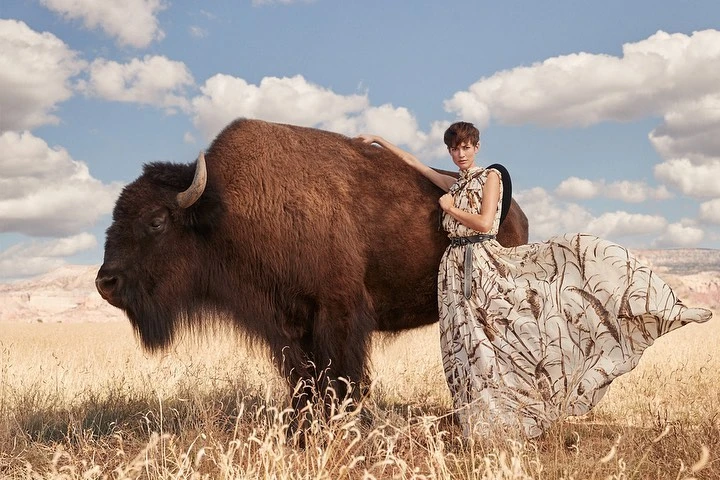 A woman in a long patterned dress stands next to a large bison in a grassy field under a partly cloudy sky in an outdoor setting.