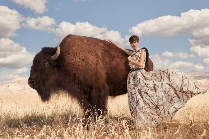 A woman in a long patterned dress stands next to a large bison in a grassy field under a partly cloudy sky in an outdoor setting.