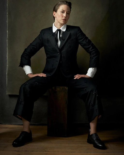 Portrait of a woman in a black suit sitting on a wooden cube, looking at the camera in a studio setting with a neutral backdrop.