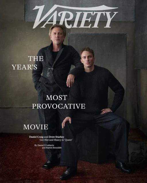 Variety magazine cover featuring two men, Daniel Craig and Drew Starkey, in dark clothing against a textured backdrop, with magazine text.