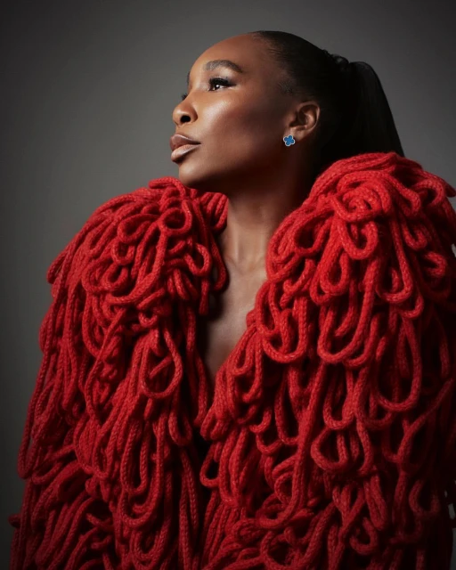 Portrait of an adult female with dark hair in a ponytail, posing in a bright red textured jacket against a dark grey backdrop.