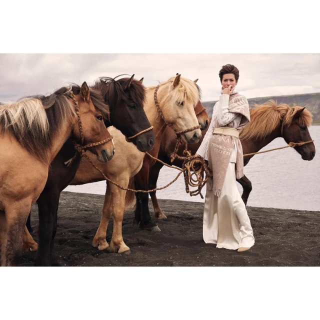 A woman in an elegant dress stands among five Icelandic horses on a black sand beach with a cloudy sky and water in the background.