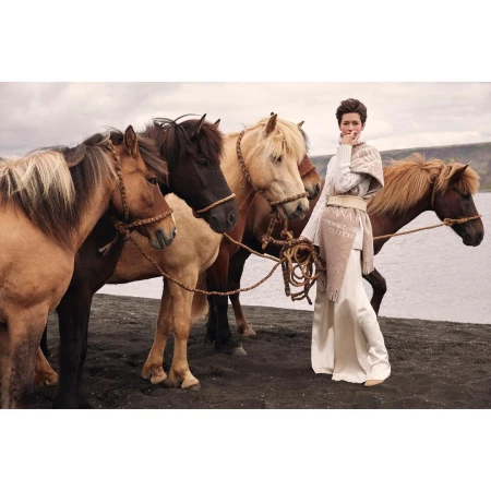 A woman in an elegant dress stands among five Icelandic horses on a black sand beach with a cloudy sky and water in the background.