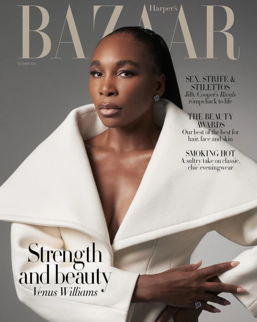Venus Williams on Harper's Bazaar cover, wearing a white coat. Portrait shot, fashion editorial style.
