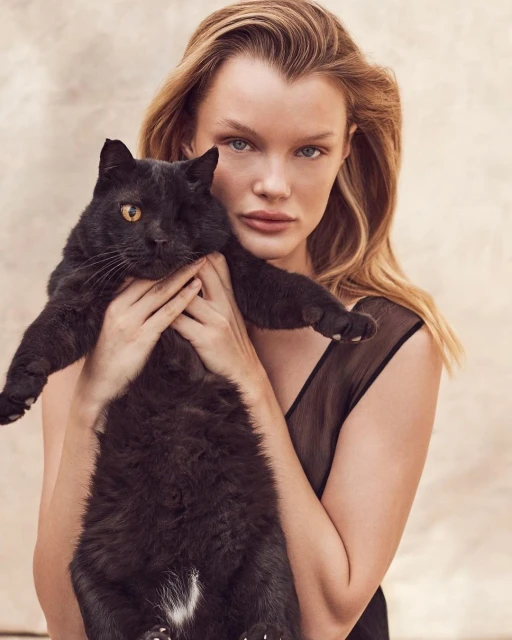 Portrait of a blonde adult woman holding a fluffy black cat with yellow eyes, in front of a neutral cream-colored background.