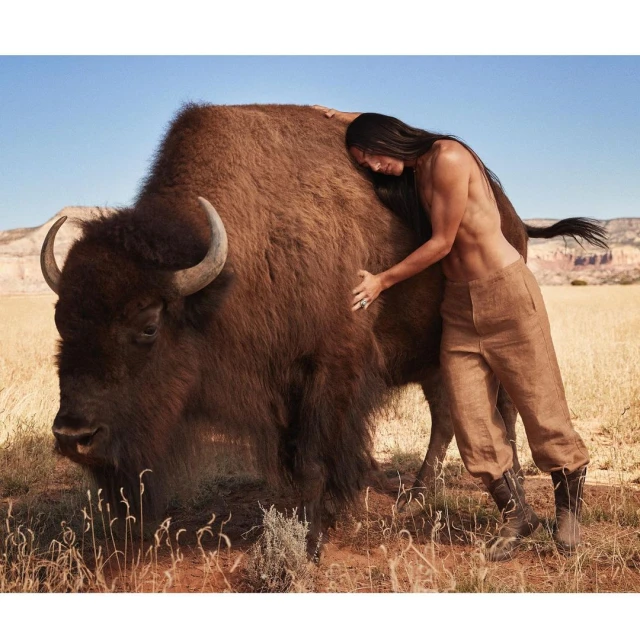 Adult male embraces a bison outdoors in a sunlit, natural setting of dry grass and a clear blue sky, showcasing a unique animal interaction.