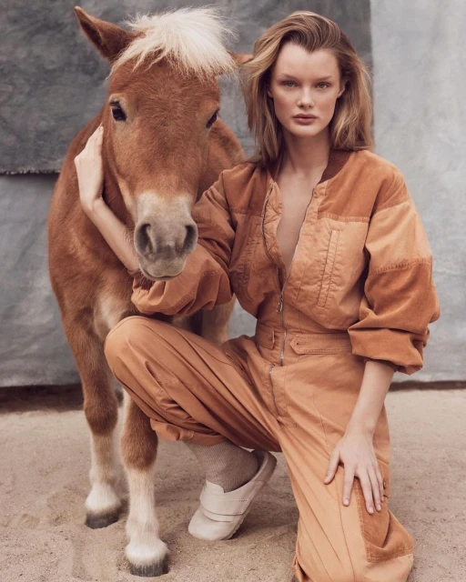 A woman in a jumpsuit poses next to a pony with a blonde mane in a brightly lit studio. The model is crouched next to the pony.